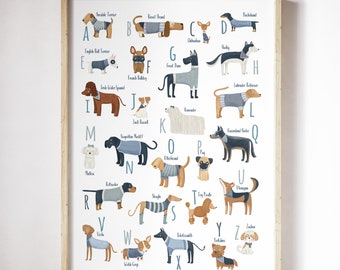 Dog breeds Alphabet for a Dog lover in blue, Dog alphabet poster, ABC dog breeds, A to Z dog alphabet, dog wall art, dog blue art print