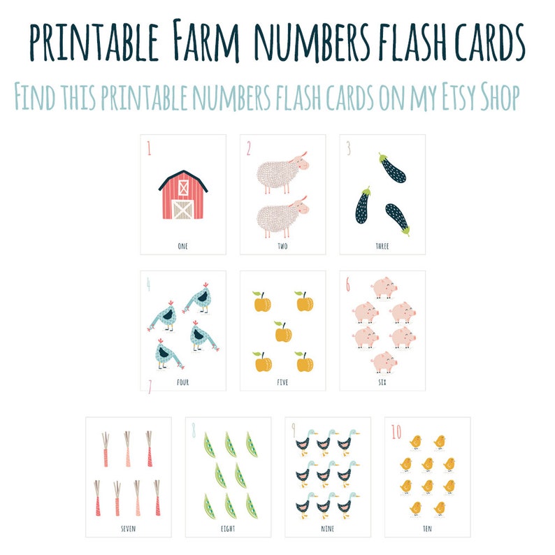 Puede incluir: Cartas de animales de granja imprimibles para ni&ntilde;os. Las cartas presentan un granero rojo, ovejas, berenjenas, pollos, manzanas, cerdos, zanahorias, vainas de guisantes, patos y pollitos. Cada carta tiene un n&uacute;mero del 1 al 10 y la palabra para el n&uacute;mero.