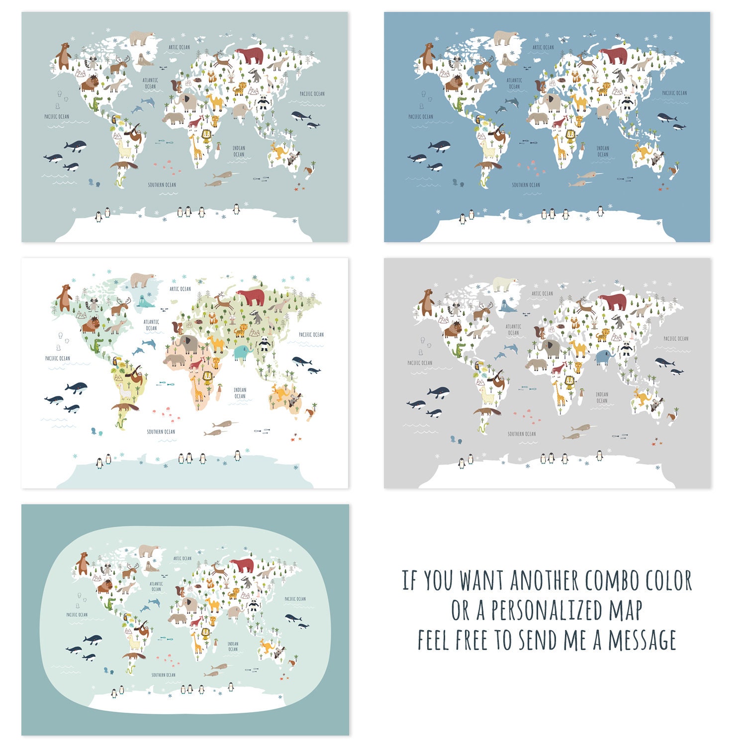 printable animal world map world map poster children map etsy