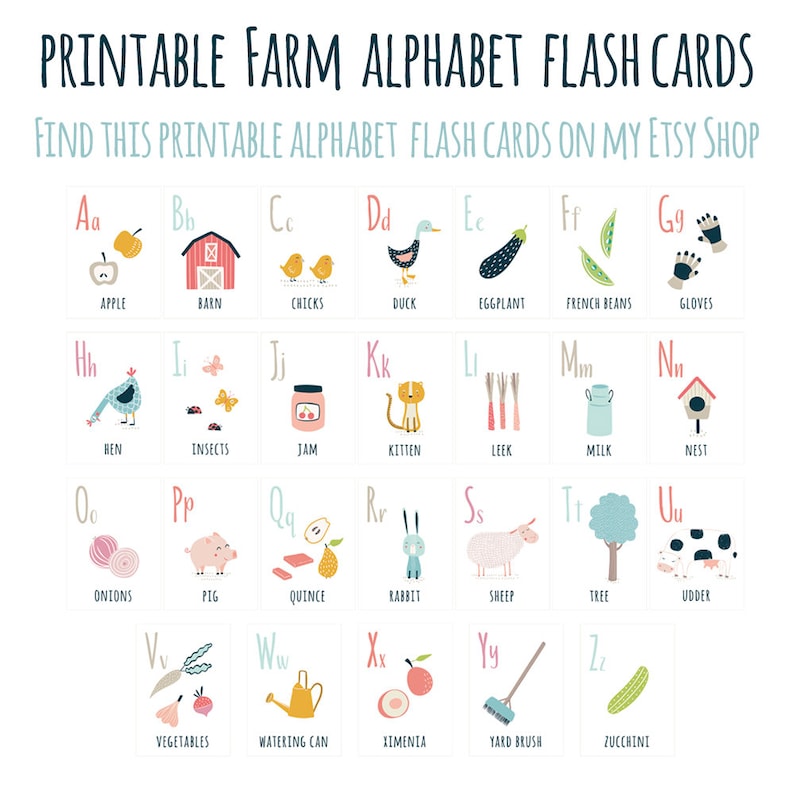 K&ouml;nnte beinhalten: Druckbare Alphabet-Karteikarten mit Motiven aus der Landwirtschaft. Jede Karte hat einen Buchstaben, ein Bild und ein Wort. Die Buchstaben sind in einer bunten Schriftart, und die Bilder sind hell und fr&ouml;hlich. Die W&ouml;rter sind in Kleinbuchstaben. Die Karten sind perfekt, um Kindern das Alphabet und landwirtschaftliche Vokabeln beizubringen.