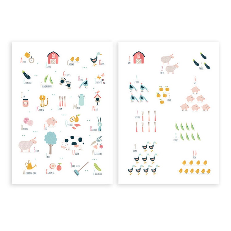 Puede incluir: Un gr&aacute;fico de alfabeto y n&uacute;meros colorido con animales de granja, frutas, verduras y otros objetos relacionados con la granja. El gr&aacute;fico incluye las letras A a la Z y los n&uacute;meros del 1 al 10.