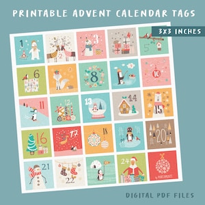 3x3 inches Printable Advent Calendar tag, Advent calendar gift tags, countdown calendar printable, advent calendar printable, kids advent