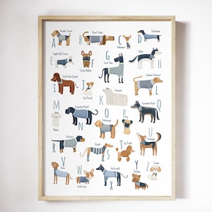 Dog breeds blue  Alphabet for a Dog lover, Dog alphabet poster, ABC dog breeds, A to Z dog alphabet, dog wall art, dogs theme, dog art print