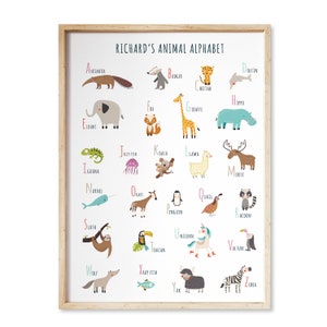 Individuell druckbares Tieralphabet, druckbares personalisiertes Alphabet Poster, ABC digital, druckbare Tieralphabet Wandkunst für Kinderzimmer