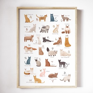 Kätzchen Alphabet Druck für Katzenliebhaber, Kätzchen Alphabet Poster, Druckkatzenwandkunst, ABC Kunstdruck, Kitty Kindergarten Dekor