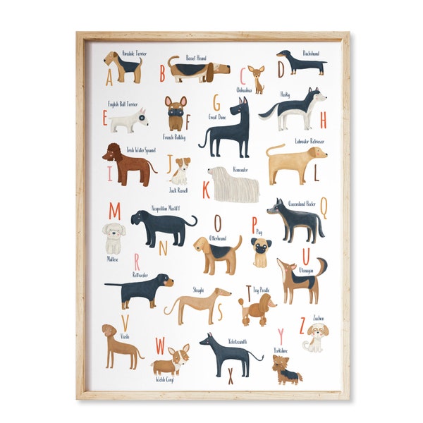 Dog Alphabet print, alphabet for Dog lovers, Dachshund, Basset Hound, Dog alphabet poster, ABC dog breeds, A to Z dog alphabet, dog wall art