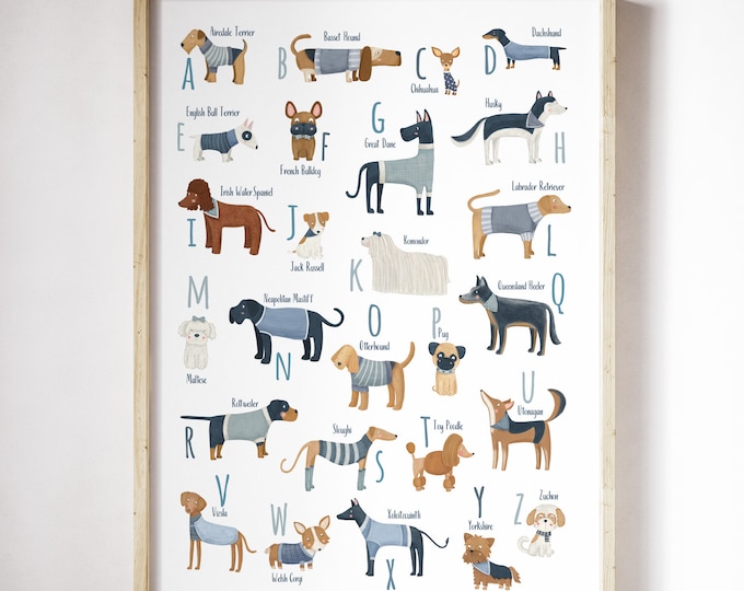 Dog Alphabet Print, A-Z of Dogs, Illustrated Dog Breeds, Dog Poster ...