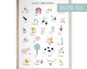 Alfabeto personalizado para imprimir com tema de fazenda, decoração para quarto infantil, alfabeto com nome personalizado.