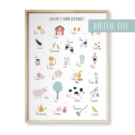 Personalized Farm Alphabet Printable, kids room decor, custom name alphabet