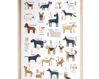 Dog Alphabet print, alphabet for Dog lovers, Border Collie, Dalmata, Dog alphabet poster, ABC dog breeds, A to Z dog alphabet, dog wall art