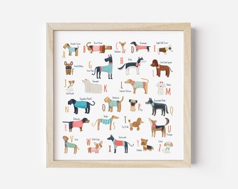 Square Dog breeds alphabet print download, dog Printable alphabet, dog Alphabet Poster, Kids room decor, dog nursery printable, dog wall art