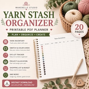 Puede incluir: Un organizador de inventario de hilo en PDF imprimible de Makerelle Studio con 20 páginas. El planificador incluye una hoja de inventario de hilo con columnas para marca, nombre, color, peso, fibra, cantidad, lote, ubicación y notas.