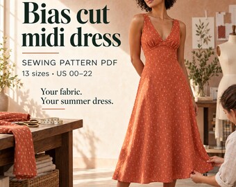 Linen Bias Cut Midi Dress Sewing Pattern PDF, V Neck Slip Dress, Summer Dress, Back Ties, US 00-22