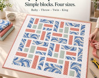 Easy Quilt Pattern PDF for Beginners, Baby Quilt Pattern in 4 Sizes to King, Floral Rectangular Patchwork