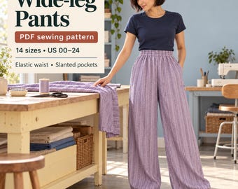 Wide Leg Pants Sewing Pattern PDF, Cozy Pants with Pockets, 14 Sizes