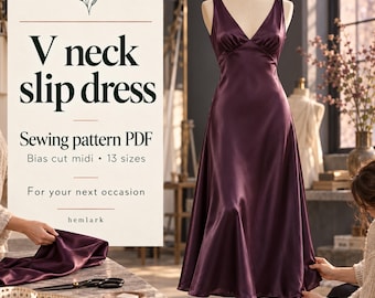 V Neck Slip Dress Sewing Pattern PDF, Bias Cut Midi Dress, Linen or Satin Bridesmaid and Prom Dress, US 00-22