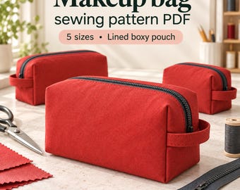 Makeup Bag Sewing Pattern PDF, 5 Sizes, Boxy Cosmetic Pouch