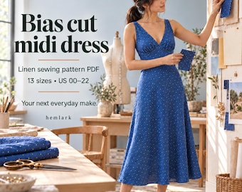 Bias Cut Midi Dress Sewing Pattern PDF, Linen Summer Dress, V Neck Slip Dress with Back Ties, US 00-22