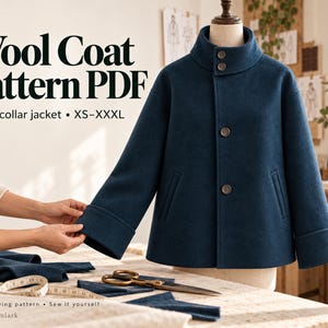 Wool Coat Pattern PDF, Short Stand-Collar Jacket with Buttons, XS–XXXL