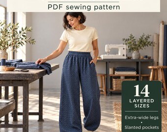 Loose Fit Pants Sewing Pattern PDF, Wide Leg Trousers with Pockets, 14 Sizes