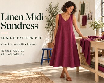 Linen Midi Sundress Sewing Pattern PDF, V Neck Summer Dress with Pockets, Loose Fit Cottagecore Dress, US 2-30