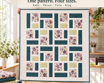 Quilt Pattern PDF, Easy Baby Quilt Pattern for Beginners, Throw Twin and King Sizes, Floral Patchwork
