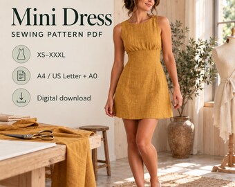 Mini Dress Sewing Pattern for Women XS-XXXL | Linen Summer Dress PDF, Sleeveless Dress, A4 Letter A0