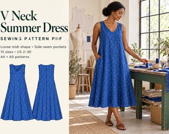 V Neck Summer Dress Sewing Pattern PDF, Linen Midi Sundress with Pockets, Loose A-Line Dress, US 2-30