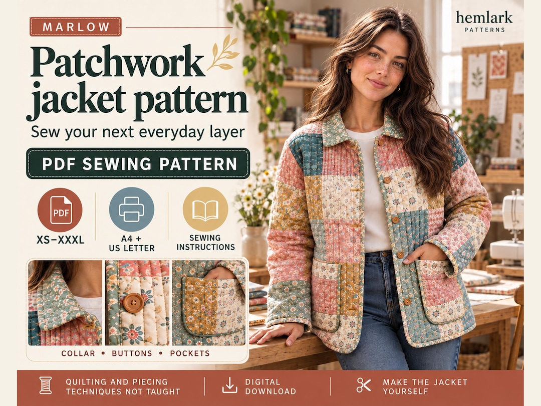 Patchwork Jacket Sewing Pattern PDF, Relaxed Button up Jacket, XS–XXXL ...