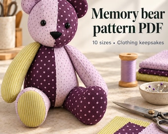 Patrón en PDF de osito de peluche de recuerdo para prendas de vestir especiales, 10 tallas, guía de costura para recuerdos.