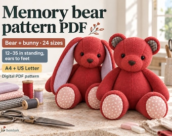 Patrón PDF del Oso de la Memoria - Oso y Conejito, 24 tamaños de 12 a 35 pulgadas