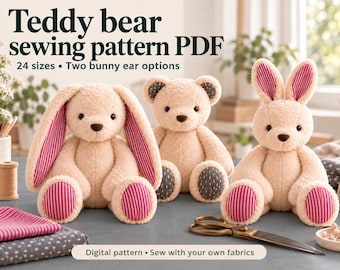Teddy Bear Sewing Pattern PDF - 24 Sizes with Two Bunny Ear Options