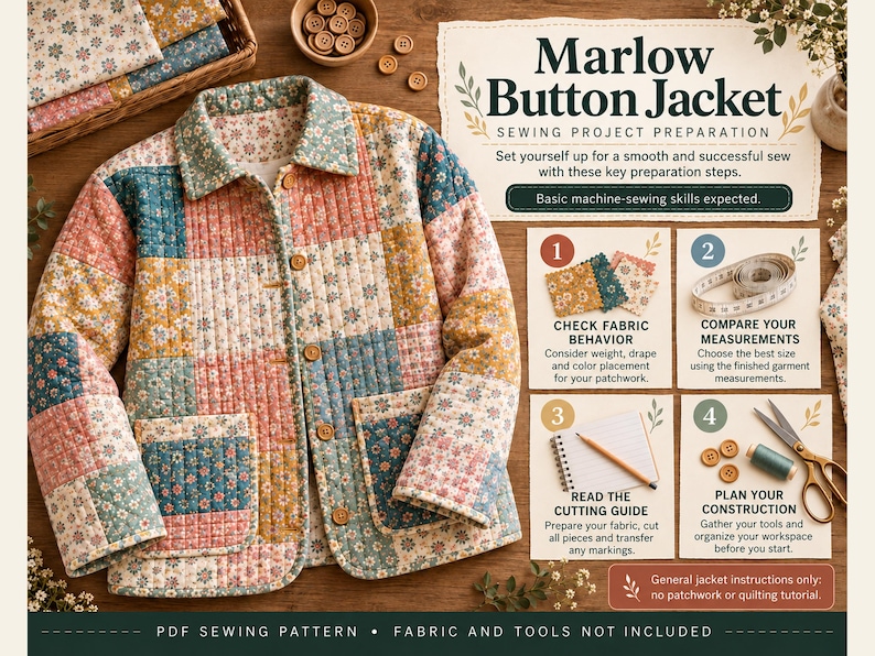 Patchwork Jacket Sewing Pattern PDF, Relaxed Button up Jacket, XS–XXXL ...