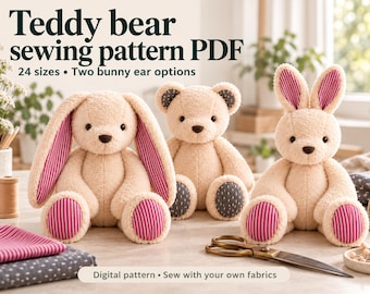 Teddy Bear Sewing Pattern PDF - 24 Sizes with Two Bunny Ear Options