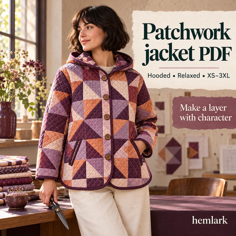 Patchwork Jacket Sewing Pattern PDF, Relaxed Hooded Layer in XS–3XL - image 1