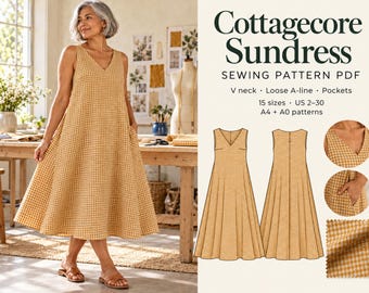 Cottagecore Sundress Sewing Pattern PDF, Loose Fit Linen Midi Dress with Pockets, V Neck Summer Dress, US 2-30