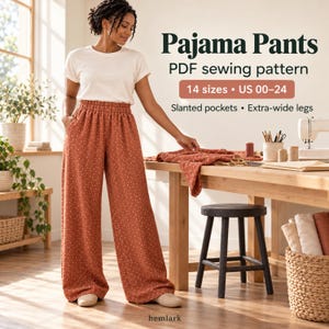 Pajama Pants Sewing Pattern PDF, Wide Leg Loungewear with Pockets, 14 Sizes