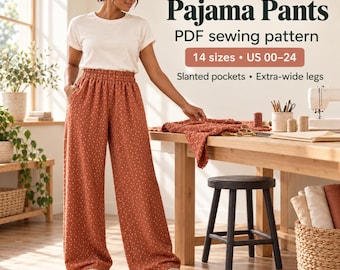 Pajama Pants Sewing Pattern PDF, Wide Leg Loungewear with Pockets, 14 Sizes