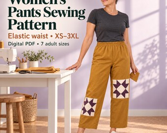 Beginner Sewing Pattern for Women's Pants, Elastic Waist, XS-3XL PDF