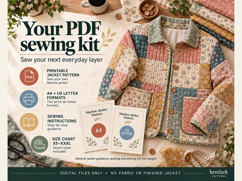 Patchwork Jacket Sewing Pattern PDF, Relaxed Button up Jacket, XS–XXXL ...