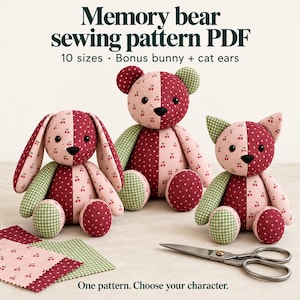 Symönster för Memory Bear i PDF-format, 10 storlekar, bonus kanin- och kattöron