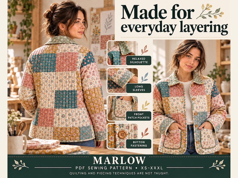Patchwork Jacket Sewing Pattern PDF, Relaxed Button up Jacket, XS–XXXL ...