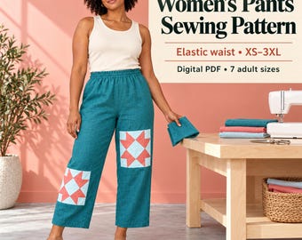 Women's Pants Sewing Pattern PDF, Ruffle Hem and Pocket Options, XS-3XL