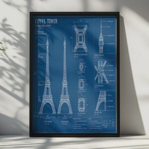 May include: A framed blueprint poster titled Eiffel Tower General Arrangement, featuring white technical line drawings of the tower's front and side elevations, plan views, and structural details against a solid blue background with text.