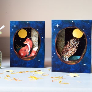 Two night shadow boxes with owl and fox, can be used on the nature / night table full of magic and wonder image 1