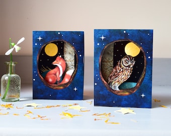 Two night shadow boxes with owl and fox, can be used on the nature / night table full of magic and wonder