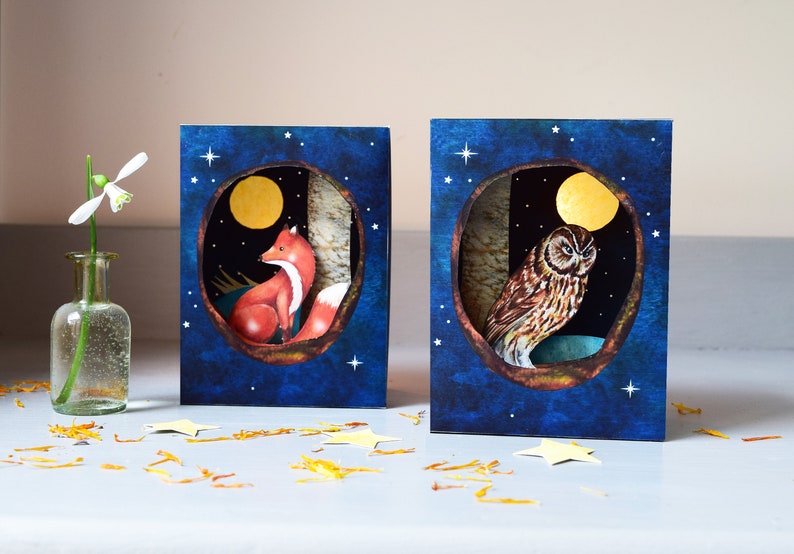 Two night shadow boxes with owl and fox, can be used on the nature / night table full of magic and wonder image 1