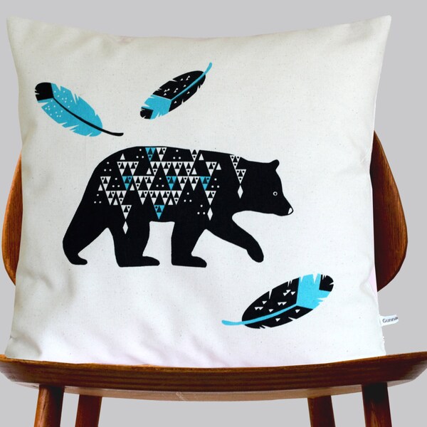 Scandinavian Retro bear geo feather blue black geometric triangle folk off white Cushion Cover