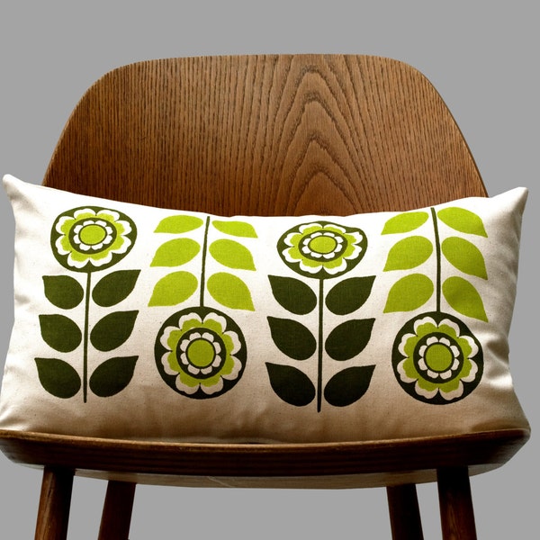 Scandinavian Retro flower 1970 olive green folk Cushion Cover off white by Gunna Ydri