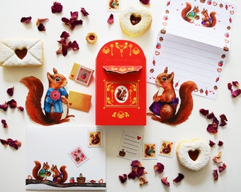 Valentine Squirrel writing set with envelope, writing paper, Valentine Post Box and sweet stamps